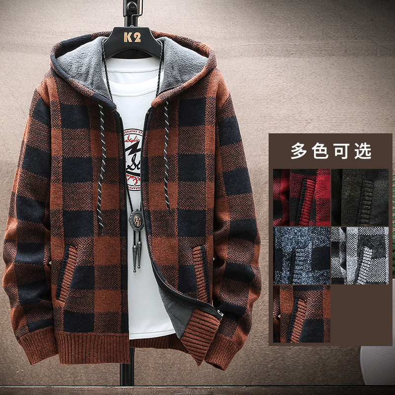 새로운 격자 무늬 후드 스웨터 남성용, 가을/겨울, 양털 잡기, 두껍고 따뜻한 울 스웨터, 지퍼 재킷, 패션, 고품질, 남성복